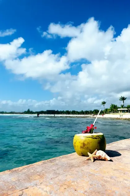 Una bevanda al cocco con cannuccia e fiore su un pontile di legno, accanto a una stella marina, con vista sul mare turchese e una spiaggia.
