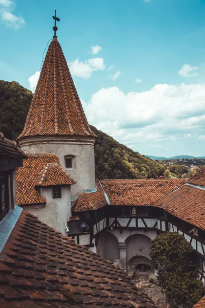 A high-angle view of a historic castle's red-tiled roofs and a conical tower, with a forested hill under a cloudy blue sky.