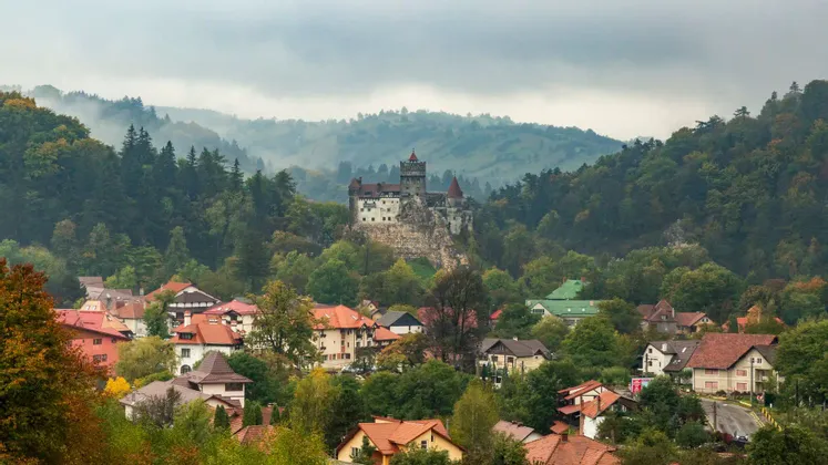 A medieval castle perched on a rocky hill overlooking a village surrounded by dense forest and misty mountains.