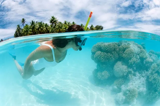 Scatto split-shot di una donna che fa snorkeling su una barriera corallina in acque cristalline, con un'isola di palme sotto un cielo nuvoloso.