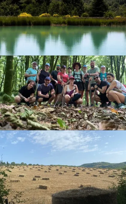 Eine Fotocollage von einem See, einer WeRoad Gruppenreise, die in einem Wald posiert, und einem Feld mit Heuballen unter blauem Himmel.