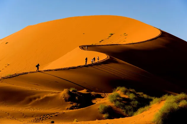Un gruppo WeRoad cammina in fila lungo il sinuoso crinale di una vasta duna di sabbia arancione, contro un cielo azzurro limpido.