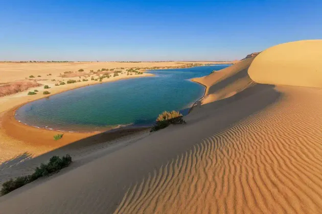 Uno specchio d'acqua blu che forma un'oasi nel deserto, visto da una grande duna di sabbia increspata sotto un cielo sereno.