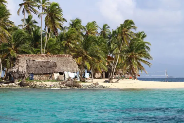 Une cabane rustique au toit de chaume se trouve sur une plage de sable bordée de palmiers, avec l'eau turquoise de l'océan au premier plan.