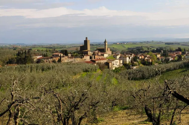Un borgo storico con un'imponente torre in pietra su una collina, circondato da uliveti e dolci colline verdi sotto un cielo nuvoloso.