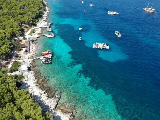 Una vista aérea de una costa rocosa y arbolada con numerosas embarcaciones flotando en aguas cristalinas de color turquesa y azul profundo.