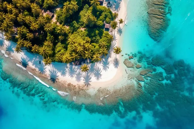 Eine Luftaufnahme einer tropischen Insel mit Palmen, einem weißen Sandstrand und klarem türkisfarbenem Wasser, das ein Riff erkennen lässt.