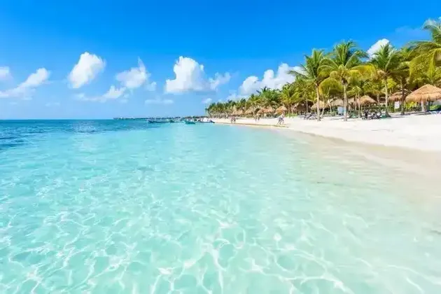 Acqua turchese cristallina incontra una spiaggia di sabbia bianca orlata da palme e ombrelloni di paglia sotto un cielo azzurro.