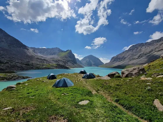Vier blaue Zelte auf einem grasbewachsenen Hügel mit Blick auf einen türkisfarbenen Bergsee und Berge.