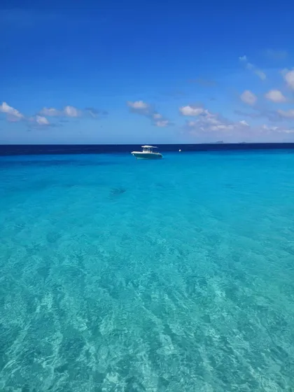 Un motoscafo bianco galleggia su acqua calma, trasparente e turchese con il mare blu profondo all'orizzonte sotto un cielo blu.