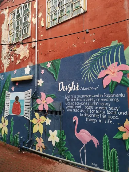Un murale di street art colorato su una parete blu, con un fenicottero, fiori tropicali e la scritta che definisce la parola 'Dushi'.