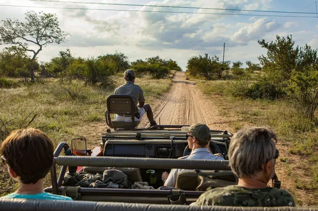 A WeRoad group trip on safari, viewed from the back of a jeep driving down a dirt road in the savanna.