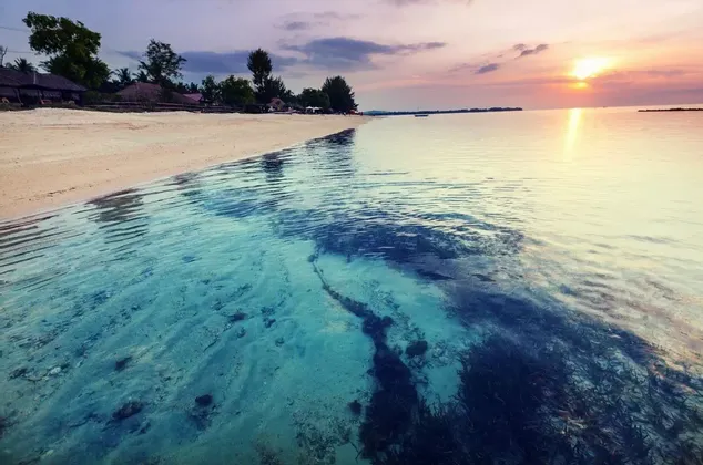 L'eau turquoise et limpide, avec un fond marin visible de sable et d'algues, clapote sur une plage de sable au coucher du soleil.