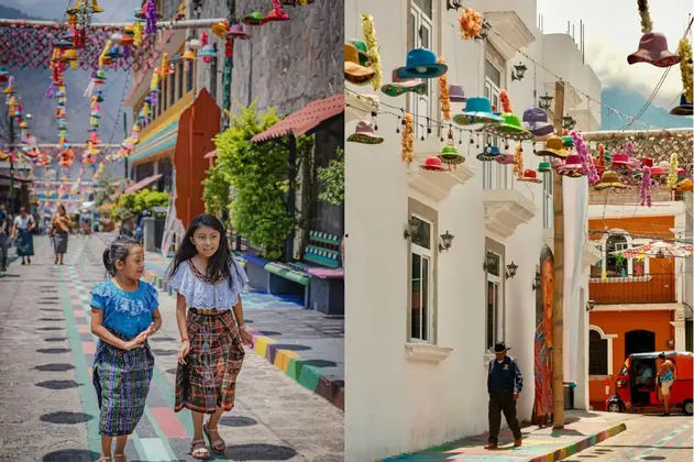 Ein Diptychon von Straßenszenen mit zwei Mädchen in traditionellen Trachten und bunten Hüten, die als Dekoration aufgehängt sind.