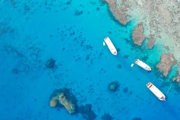 Vista aerea dall'alto di tre barche bianche ancorate in acque blu vibranti vicino a una grande barriera corallina.