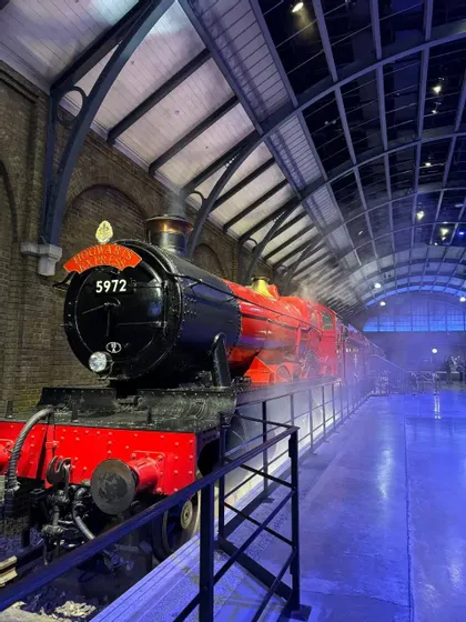 Il treno a vapore Hogwarts Express, numero 5972, è fermo alla banchina all'interno di una stazione con un tetto ad arco e vetrate.