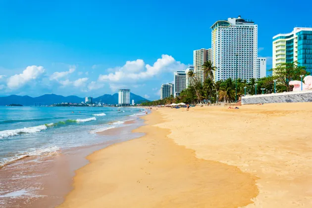 Ein breiter Sandstrand mit sanften Meereswellen, dahinter eine moderne Stadtskyline mit Hochhäusern und Palmen unter blauem Himmel.
