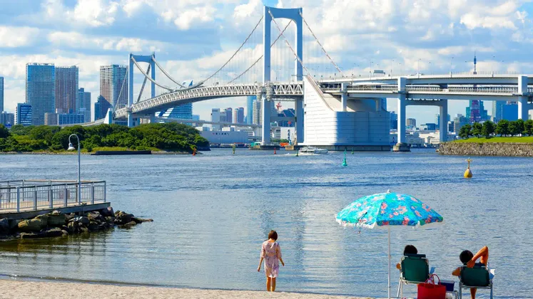Persone si rilassano su una spiaggia sabbiosa ammirando un grande ponte bianco e uno skyline cittadino sull'acqua.