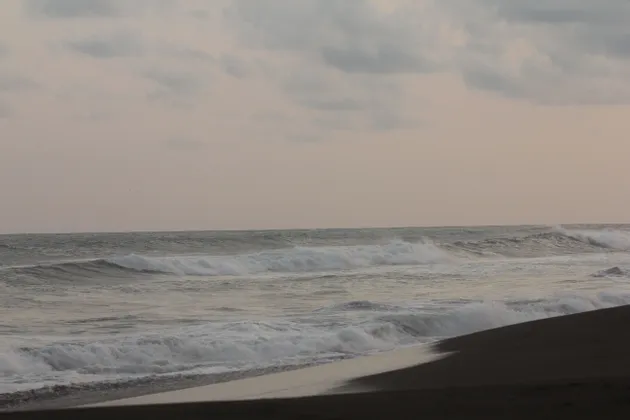 Onde con schiuma bianca si infrangono lungo una costa di sabbia scura sotto un cielo nuvoloso e pallido.