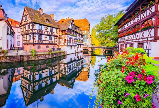 Fachwerkhäuser spiegeln sich in einem ruhigen Kanal unter blauem Himmel, mit bunten Blumen im Vordergrund.