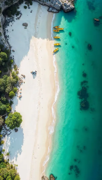 Una vista aerea dall'alto di kayak gialli allineati su una spiaggia di sabbia bianca accanto a un'acqua limpida e turchese.