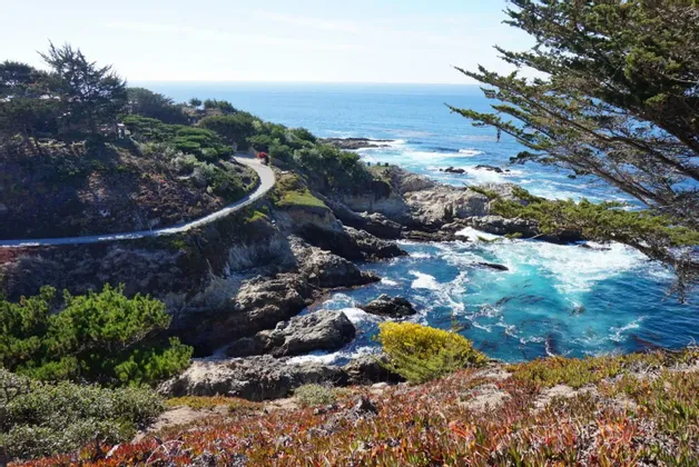 Una strada tortuosa si snoda lungo una costa frastagliata, con scogliere rocciose, acqua turchese e alberi verdi lussureggianti sotto un cielo sereno.