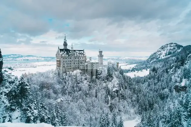 A large white castle with turrets sits on a hilltop surrounded by a dense, snow-covered forest under a cloudy winter sky.