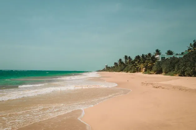 Una vasta spiaggia di sabbia incontra le onde turchesi dell'oceano, con una fila di palme e edifici sullo sfondo sotto un cielo sereno.