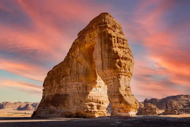 Una grande formazione rocciosa di arenaria a forma di elefante si erge nel deserto sotto un cielo al tramonto rosa e arancione.
