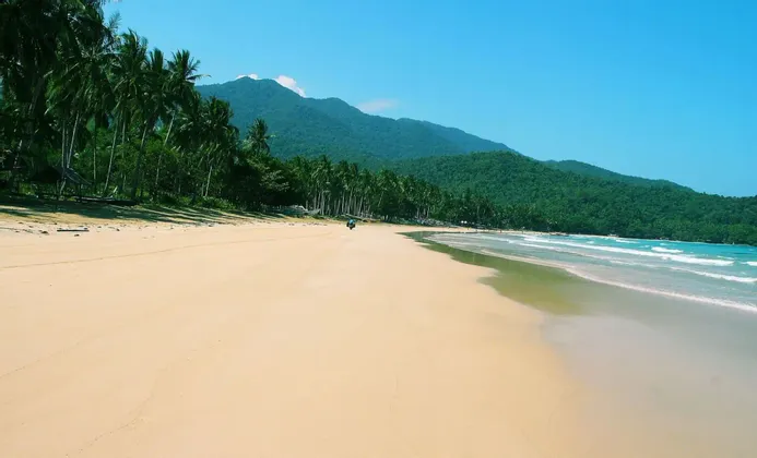 Una vasta spiaggia sabbiosa con onde turchesi che lambiscono la riva, costeggiata da palme ai piedi di una montagna verde.