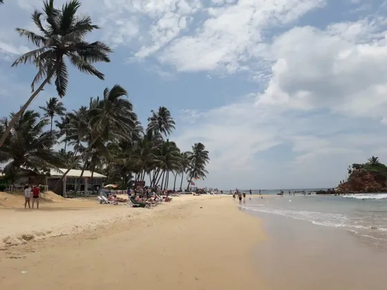 Una spiaggia ampia e sabbiosa costeggiata da alte palme, dove le persone si rilassano su sedie e passeggiano lungo la riva sotto un cielo parzialmente nuvoloso.