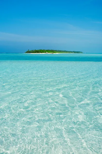 Una piccola isola tropicale con alberi verdi si staglia all'orizzonte su acque limpide e turchesi sotto un cielo azzurro.