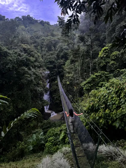 Una donna con lunghi capelli scuri attraversa un ponte sospeso su una giungla lussureggiante e verde con una cascata sullo sfondo.
