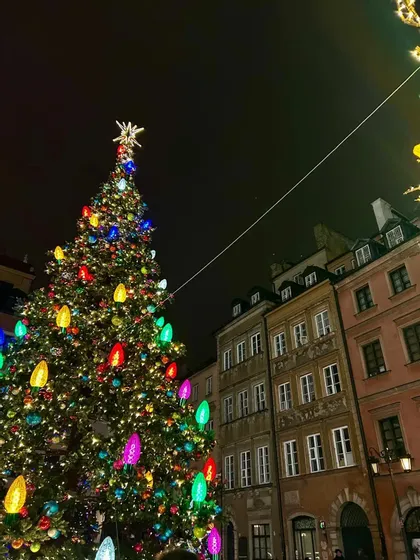 Un grand sapin de Noël décoré de grandes lumières colorées et d'une étoile à son sommet se dresse près de vieux bâtiments la nuit.