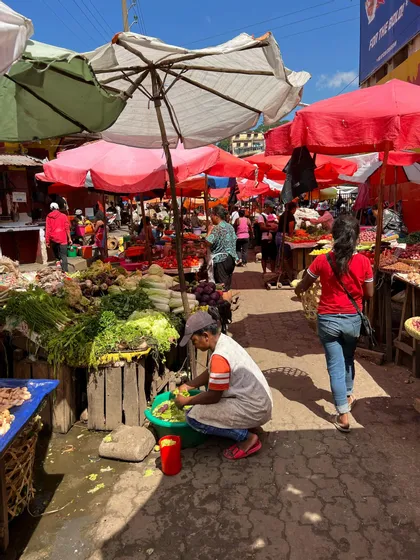 Un vivace mercato all'aperto con persone che acquistano verdure fresche alle bancarelle ombreggiate da grandi ombrelloni colorati.