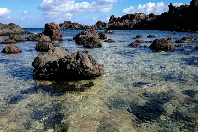Rocce vulcaniche scure emergono da acque limpide e poco profonde lungo una costa sotto un cielo parzialmente nuvoloso.