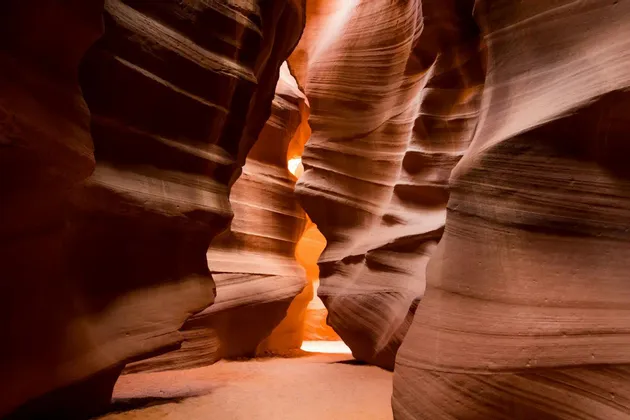La luce del sole illumina lo stretto passaggio di un canyon a fessura, mettendo in risalto le pareti fluide di arenaria arancione e rossa.