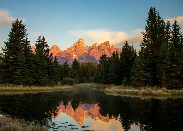 Cime montuose frastagliate illuminate dal sole si riflettono in un lago immobile, con una fitta foresta sempreverde in primo piano.