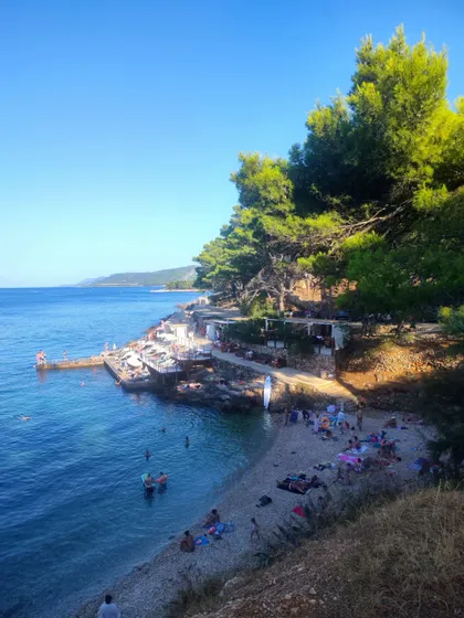 Vista aérea de gente nadando y tomando el sol en una playa de guijarros junto a un café en un acantilado bordeado de árboles.