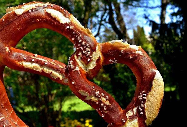 Primer plano de un pretzel grande y recién horneado, espolvoreado con sal, sostenido contra un fondo exterior borroso de árboles verdes y cielo azul.