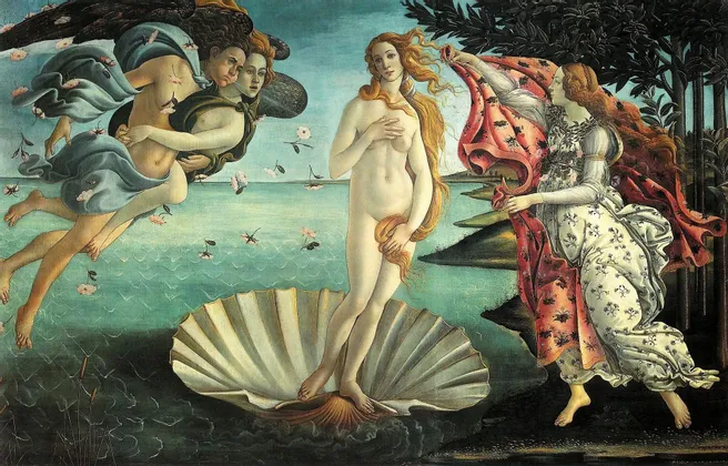Una pintura de una mujer desnuda de pie sobre una concha de vieira gigante en el mar, mientras figuras aladas vuelan y otra mujer espera en la orilla.