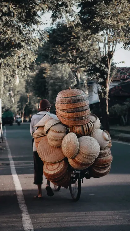 Una persona, ripresa di spalle, spinge una bicicletta carica di cesti intrecciati lungo una strada alberata.