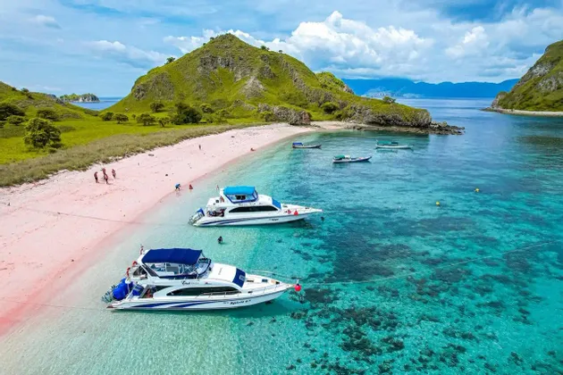 Una veduta aerea di yacht ancorati in acqua turchese cristallina accanto a una spiaggia di sabbia rosa, con rigogliose colline verdi sullo sfondo.