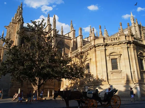 Una carrozza trainata da cavalli è parcheggiata su una strada acciottolata di fronte a una grande e sontuosa cattedrale gotica sotto un cielo azzurro e soleggiato.