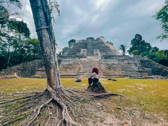 Una persona dai capelli rossi siede su una roccia ammirando un'antica piramide di pietra, con le radici di un grande albero in primo piano.
