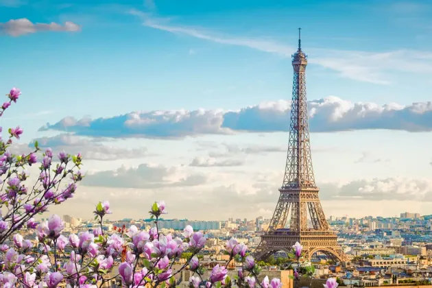 The Eiffel Tower stands over the Paris skyline, framed by pink spring blossoms under a partly cloudy blue sky.