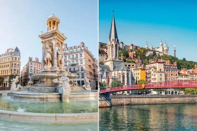 A split image showing two views of a European city: an ornate fountain in a square, and a church on a hill across a river.
