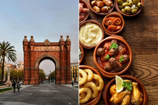 A split image showing a red brick triumphal arch on the left and an assortment of Spanish tapas on a wooden table on the right.