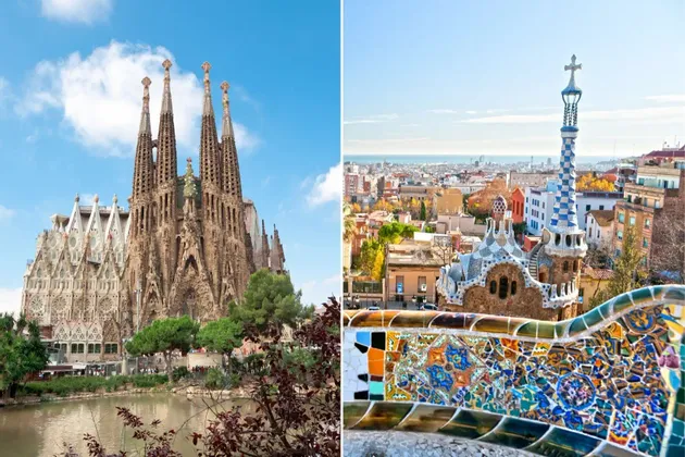 A split-panel image of Barcelona, with the Sagrada Familia on the left and the mosaic benches of Park Güell on the right.