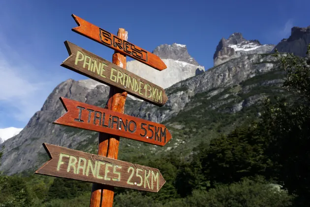 Un panneau de sentier en bois indiquant les directions vers Frances et Italiano, avec en toile de fond les montagnes escarpées de Paine Grande sous un ciel bleu.
